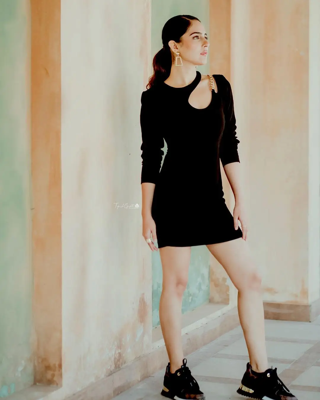 Malvi Malhotra Long Legs Show in Black Mini Short